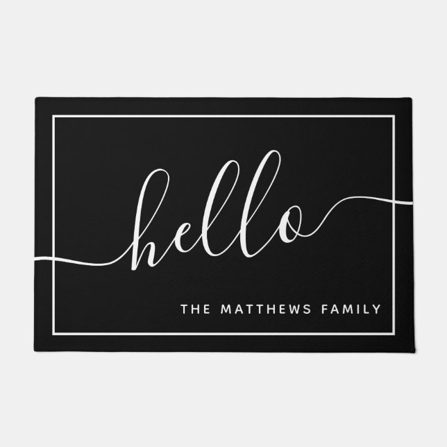 Chic Black White Script Hello Family Name Welcome Doormat (Front)