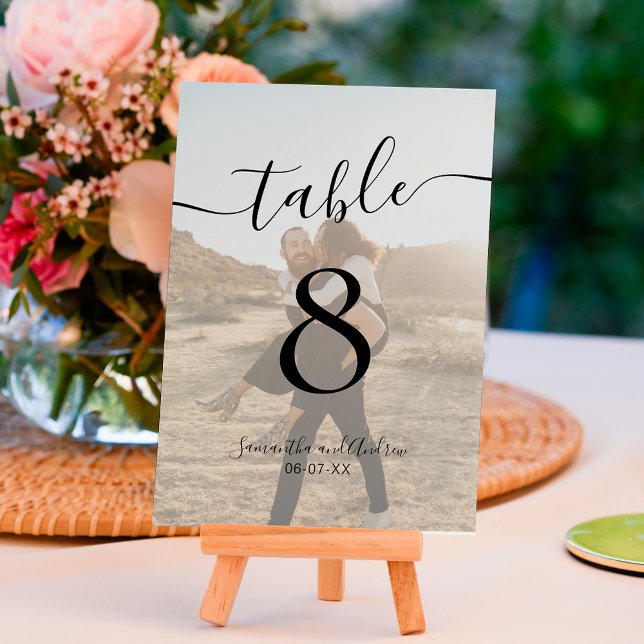 Chic black white script names photos wedding table number (Creator Uploaded)