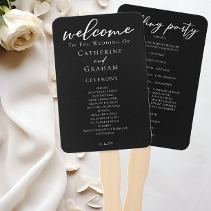 Chic Black White Script Wedding Program Hand Fan