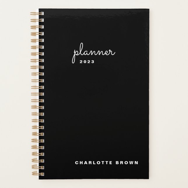 Chic Black White Script Weekly Monthly Non Dated Planner (Front)