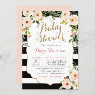 Chic Black White Stripe & Blush Floral Baby Shower Invitation