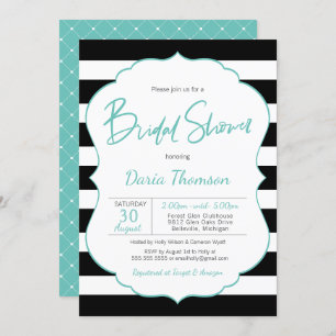 Chic Black & White Stripe Turquoise Bridal Shower Invitation
