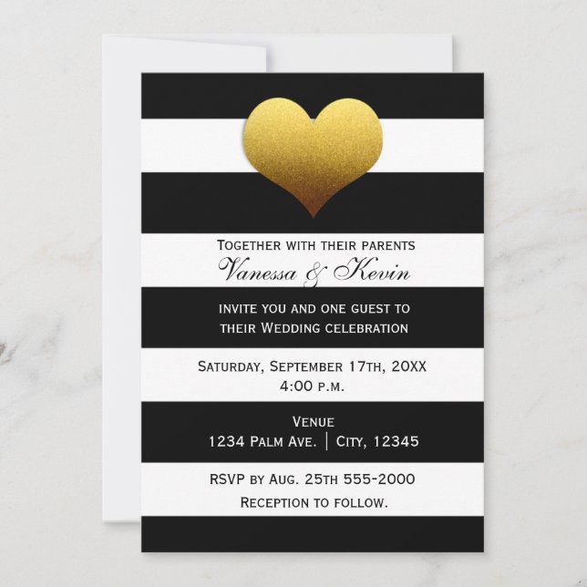 Chic Black White Striped Gold Heart Invitation (Front)