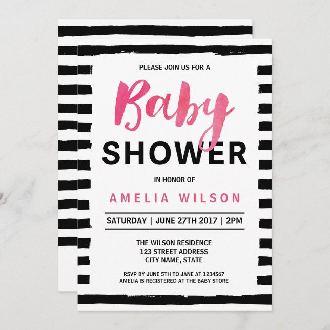 Chic Black & White Stripes Baby Shower Invitation (Front/Back)