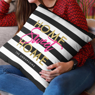 Chic Black & White Stripes Gold Home Sweet Home Cushion
