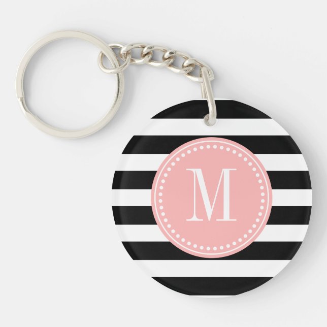 Chic Black & White Stripes Personalised Monogram Key Ring (Front)