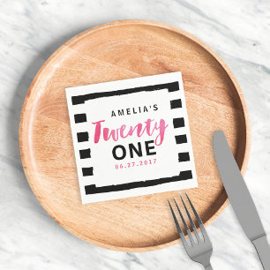 Chic Black & White Stripes Pink 21st Birthday Napkin