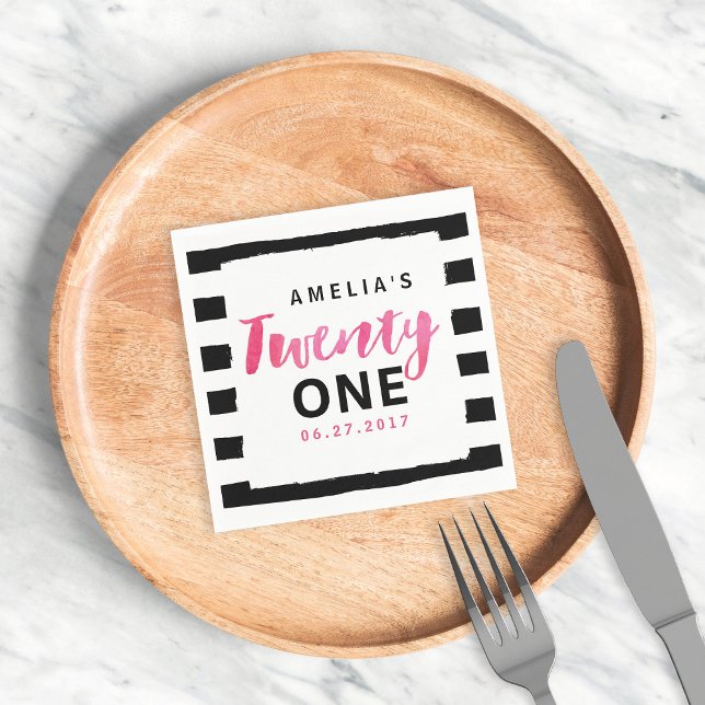 Chic Black & White Stripes Pink 21st Birthday Napkin (Creator Uploaded)