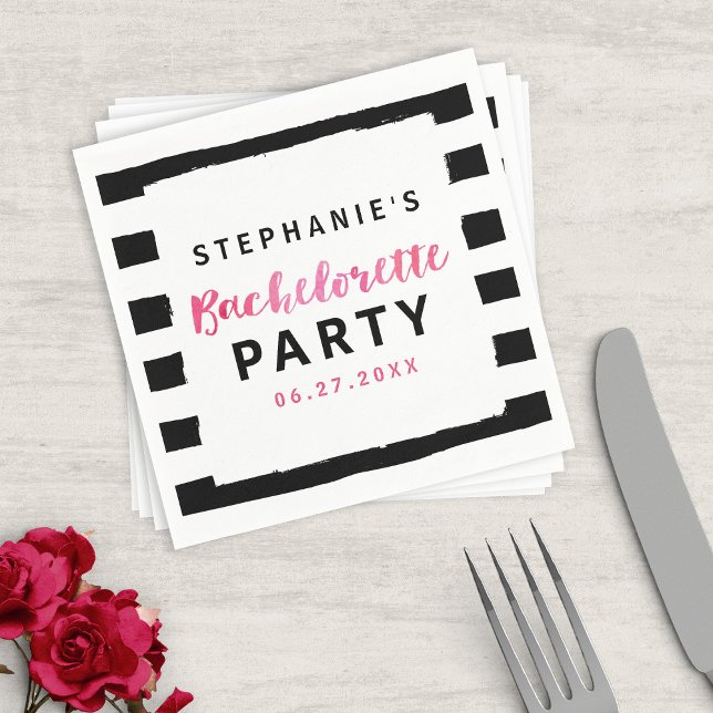 Chic Black & White Stripes Pink Bachelorette Party Napkin (Creator Uploaded)
