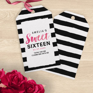 Chic Black & White Stripes Pink Sweet 16 Birthday Gift Tags