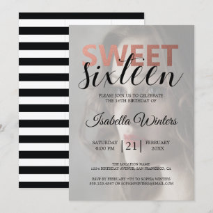 Chic Black White Stripes Pink Sweet 16 Photo Invitation