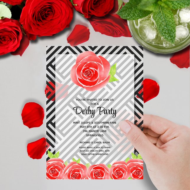 Chic Black White Stripes Roses Derby Horse Acrylic Invitations (Red roses on boxed black stripes Derby day party clear acrylic invitations)