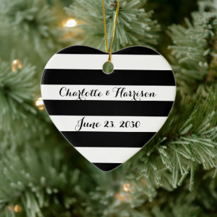 Chic black white stripes script names Christmas Ceramic Ornament