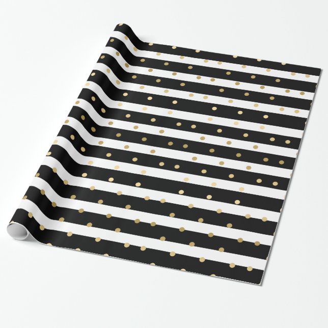 Chic Black & White Stripes With Gold Polka Dots Wrapping Paper (Unrolled)