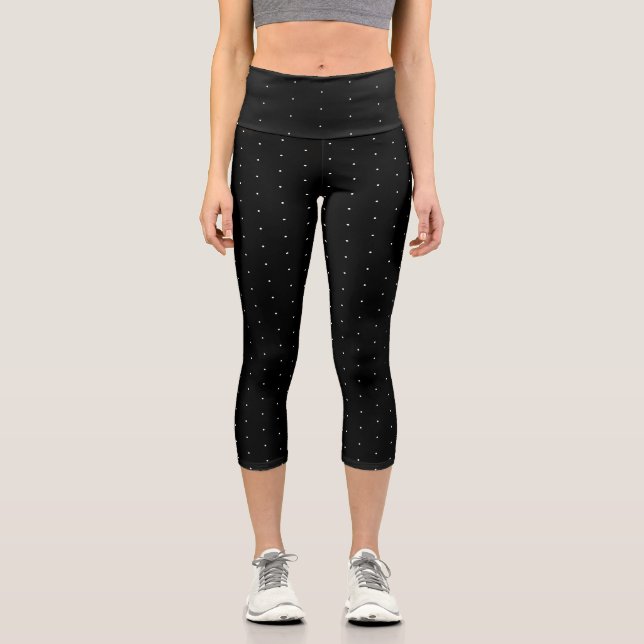 Chic black & white tiny polka dots pattern cute capri leggings (Front)