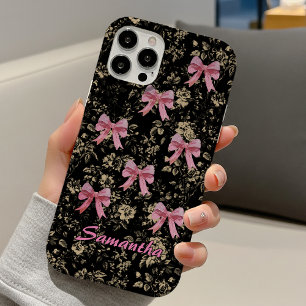 Chic black white toile pink coquette bows monogram iPhone 16 case