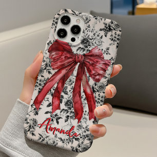 Chic black white toile red coquette bow monogram iPhone 16 case