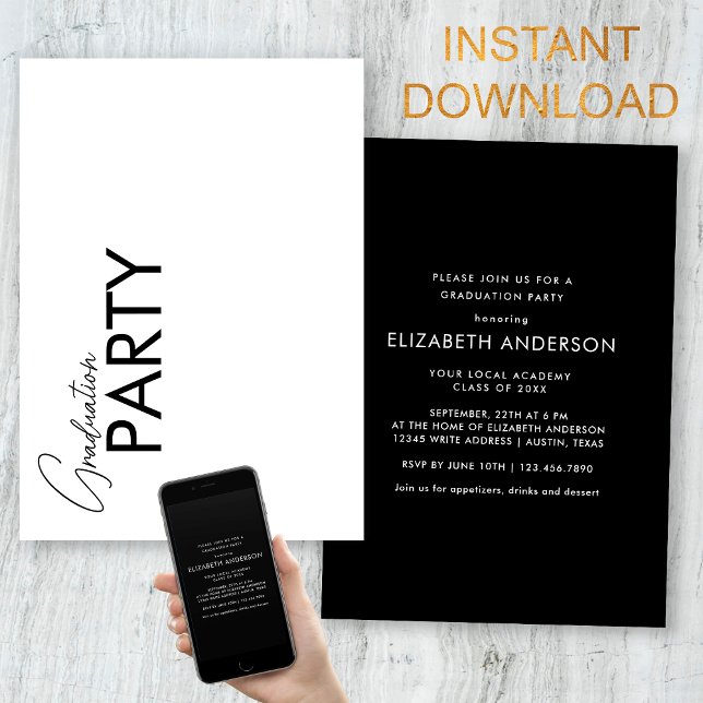Chic Black & White Typography Graduation Party Invitation (Creator Uploaded)