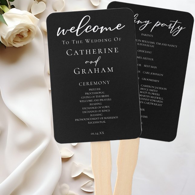 Chic Black White Typography Modern Wedding Program Hand Fan (Creator Uploaded)