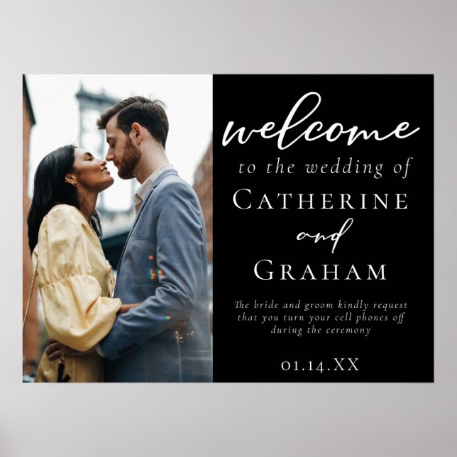 Chic Black White Wedding Couple Photo Welcome Poster (Front)