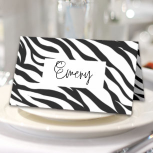 Chic black white zebra print safari birthday party place card