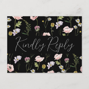 Chic Black Wild Flower Boho Garden Wedding RSVP Invitation Postcard