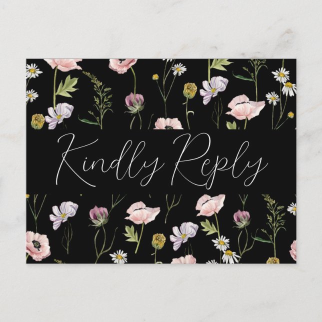Chic Black Wild Flower Boho Garden Wedding RSVP Invitation Postcard (Front)