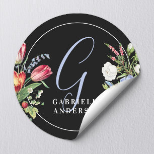 Chic Black Wildflowers Floral Initial Monogram Classic Round Sticker