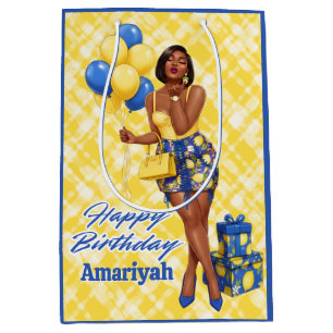 Chic Black Woman Lemon & Royal Blue Birthday Medium Gift Bag