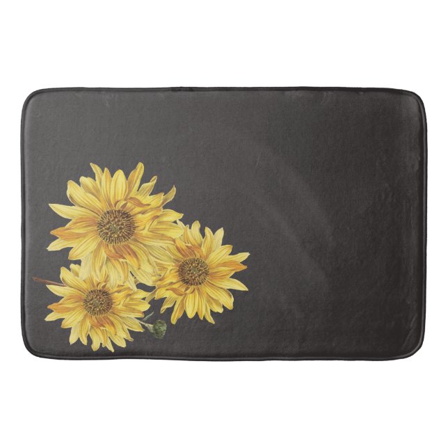 Chic Black Wood Grain and Sunflower Bath Mat (Front)
