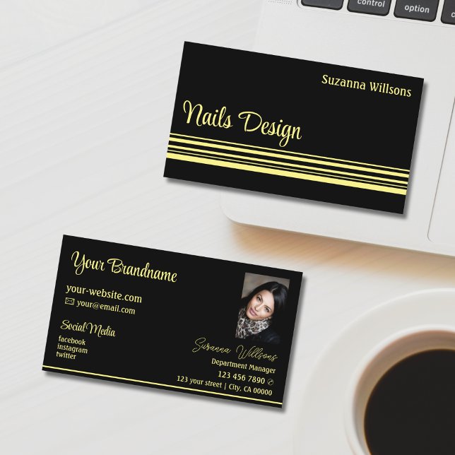 Chic Black Yellow Stripes with Photo Professional Business Card (Creator Uploaded)
