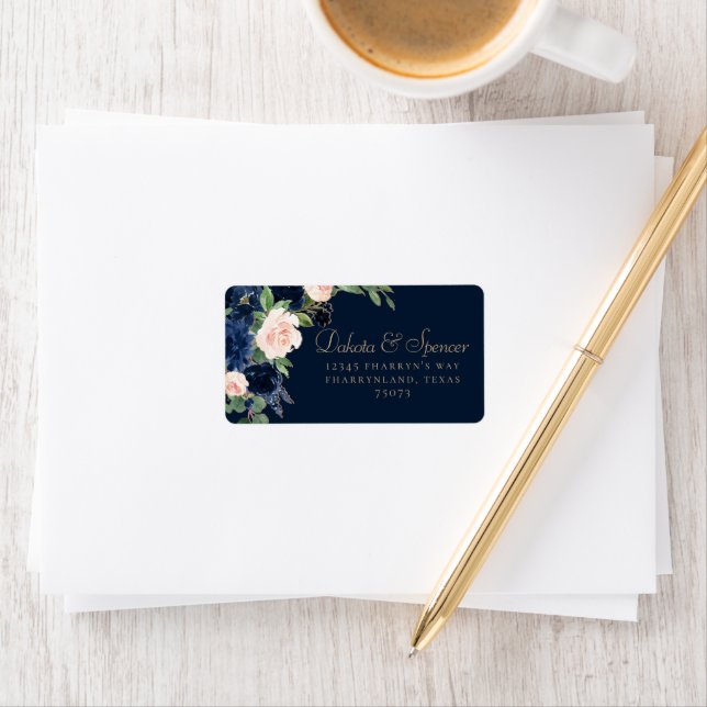 Chic Blooms | Dark Navy Blue and Blush Address Label (Insitu)