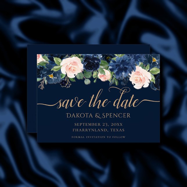 Chic Blooms | Dark Navy Blue and Blush Garland Save The Date (Creator Uploaded)