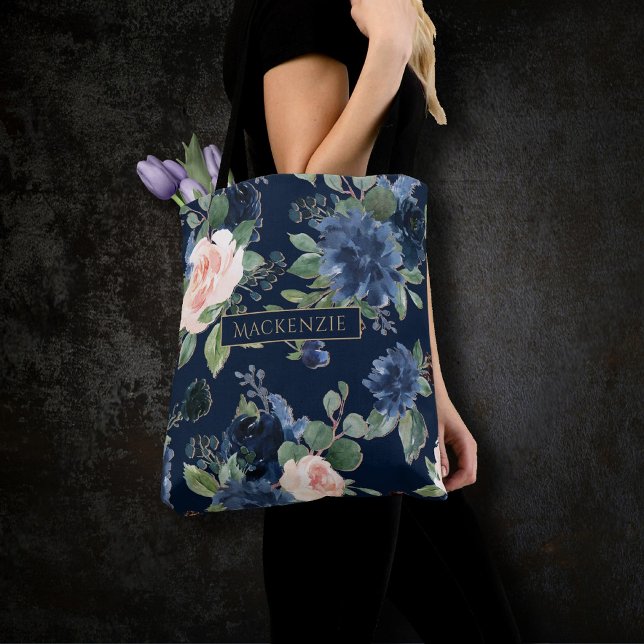 Chic Blooms | Dark Navy Blue and Blush Monogram Tote Bag (Creator Uploaded)