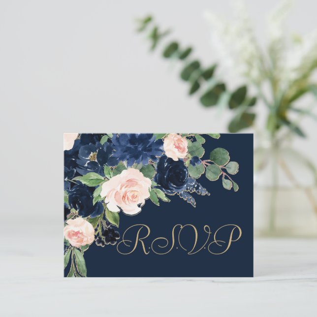 Chic Blooms | Dark Navy Blue and Blush Pink Entree Postcard (Standing Front)