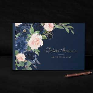 Chic Blooms   Dark Navy Blue and Blush Pink Floral Guest Book