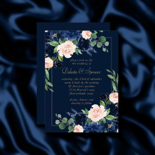 Chic Blooms Dark Navy Blue and Blush Pink Floral Invitation