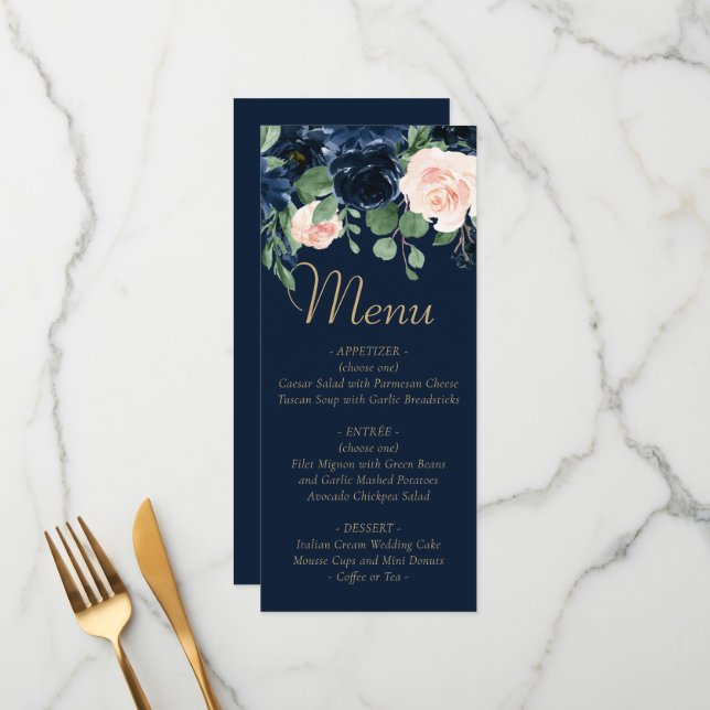Chic Blooms | Dark Navy Blue and Blush Pink Floral Menu (Front/Back In Situ)