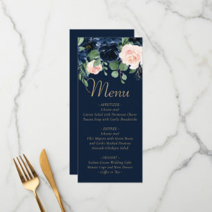Chic Blooms   Dark Navy Blue and Blush Pink Floral Menu