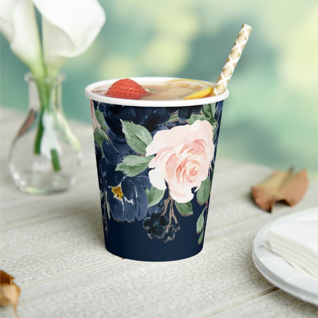 Chic Blooms | Dark Navy Blue and Blush Pink Floral Paper Cups (Insitu)