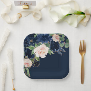 Chic Blooms Dark Navy Blue and Blush Pink Floral Paper Plate