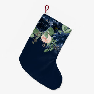 Chic Blooms   Dark Navy Blue and Blush Pink Floral Small Christmas Stocking