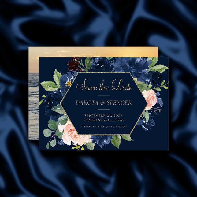 Chic Blooms | Dark Navy Blue and Blush Pink Photo Save The Date (Creator Uploaded)