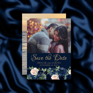 Chic Blooms | Dark Navy Blue Blush Pink 2 Photo Save The Date