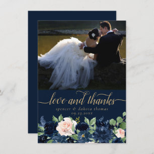 Chic Blooms Dark Navy Blush Pink Photo Love and Thank You Card