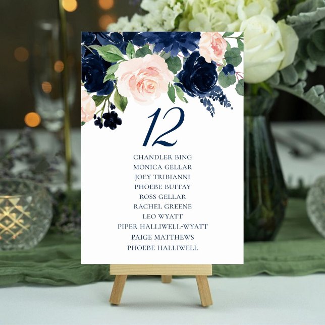 Chic Blooms | Navy and Blush Floral Guest Names Table Number (Creator Uploaded)