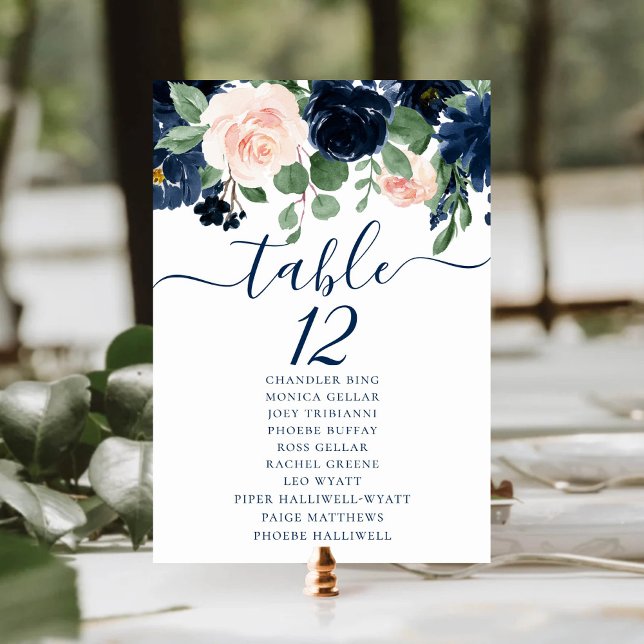 Chic Blooms | Navy and Blush Floral Guest Names Table Number (Creator Uploaded)