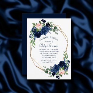 Chic Blooms   Navy and Blush Pink Gender Reveal Invitation