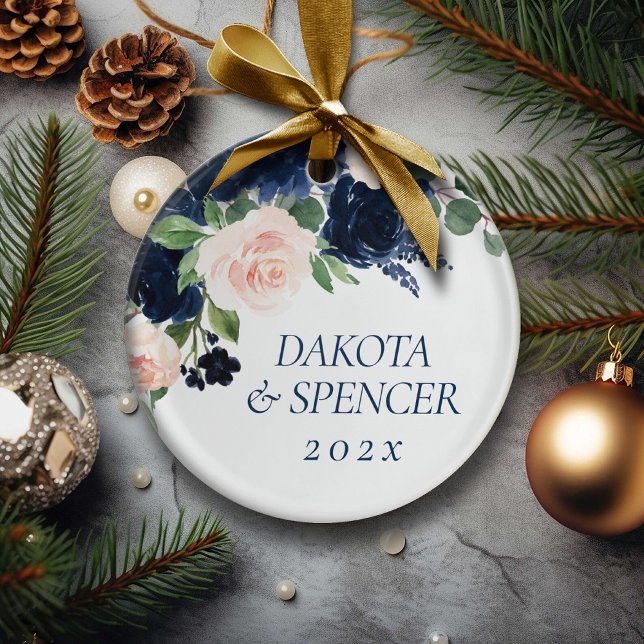Chic Blooms | Navy Blue and Blush Floral Monogram Ceramic Ornament (Creator Uploaded)