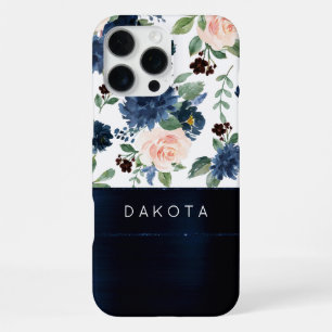 Chic Blooms Navy Blue and Blush Floral Monogram iPhone 16 Pro Max Case